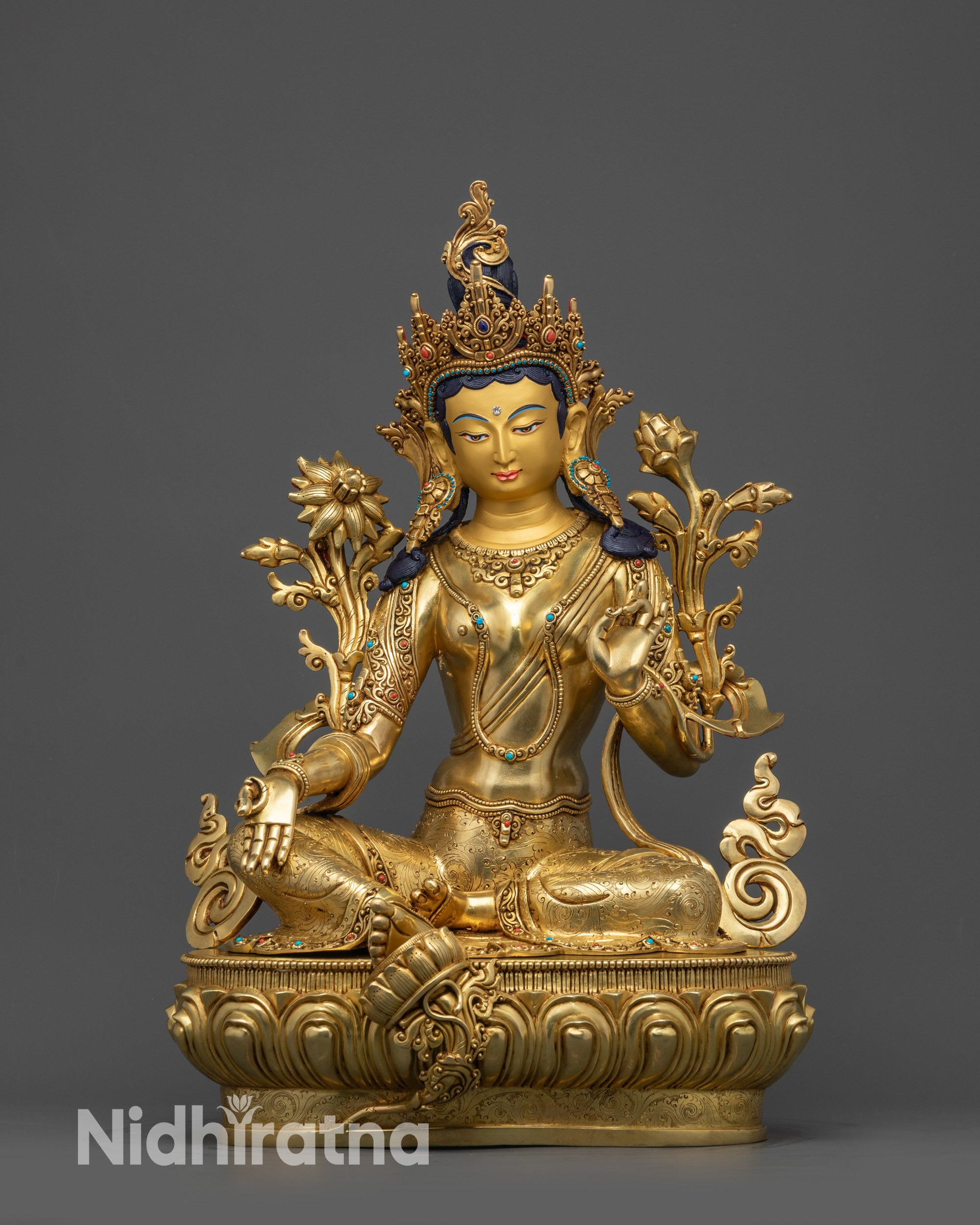 Front view of 17" Green Tara Statue on lotus seat with gold-gilded face
