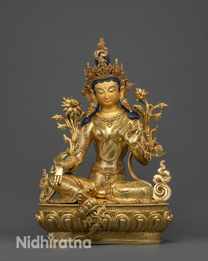 Front view of 17" Green Tara Statue on lotus seat with gold-gilded face
