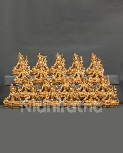 Front view of 21 Tara Emanations Set, sacred Nepalese Buddhist copper and gold artwork