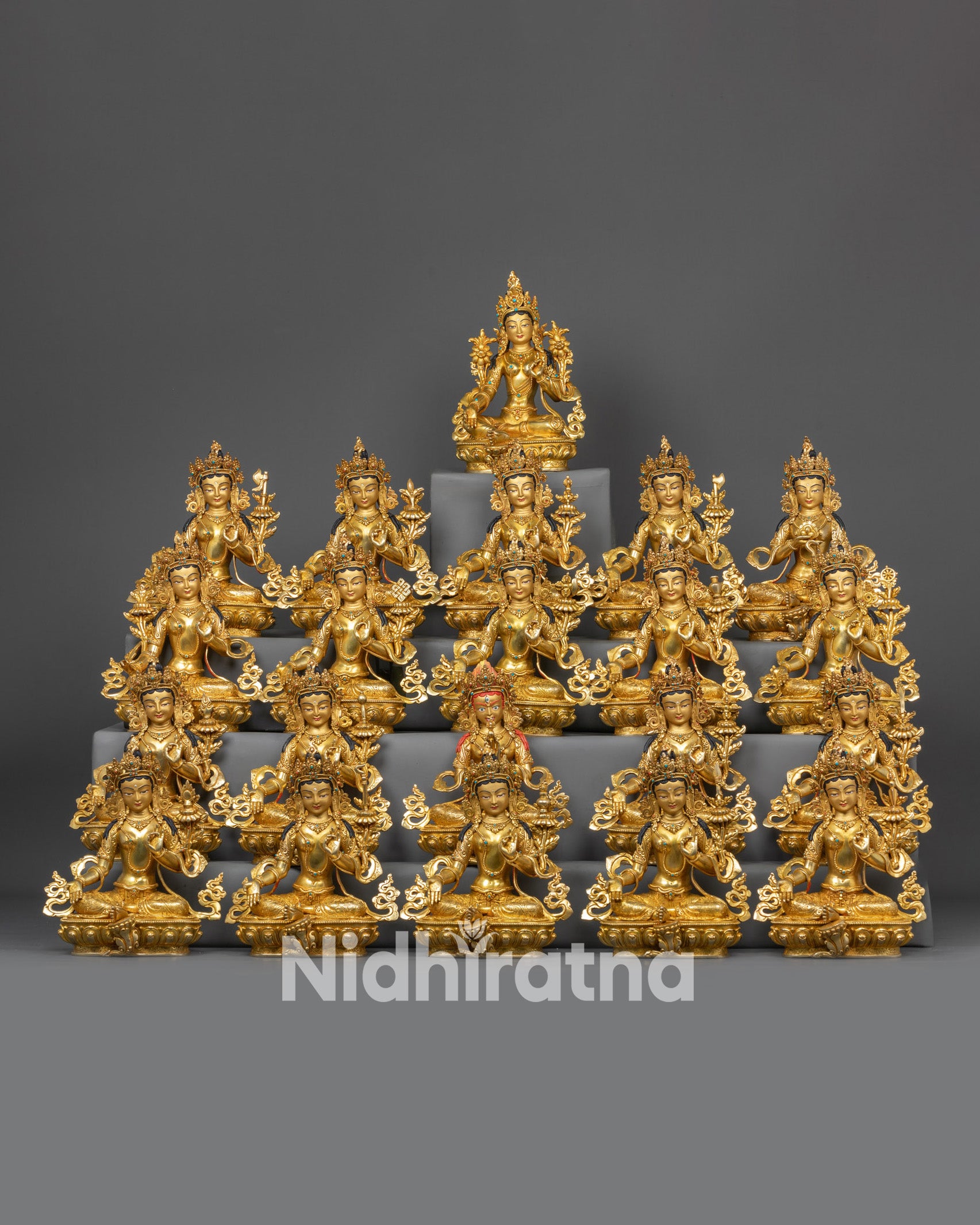 Front view of 21 Taras Sculpture Collection with Gold Fire-Gilded faces and lotus seats
