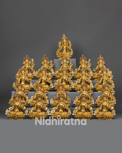 Front view of 21 Taras Sculpture Collection with Gold Fire-Gilded faces and lotus seats