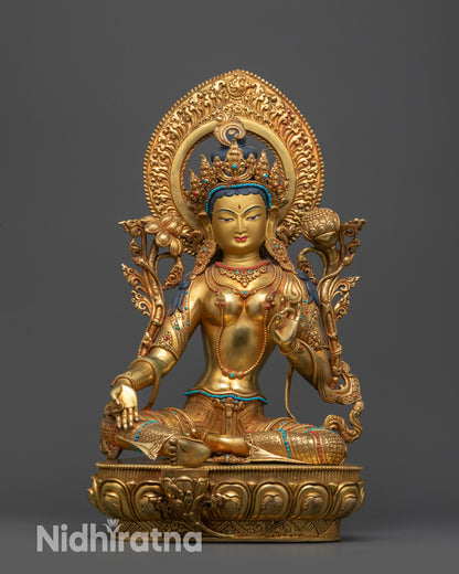 Front view of 24K Gold-Gilded Green Tara Statue on lotus base with halo and crown
