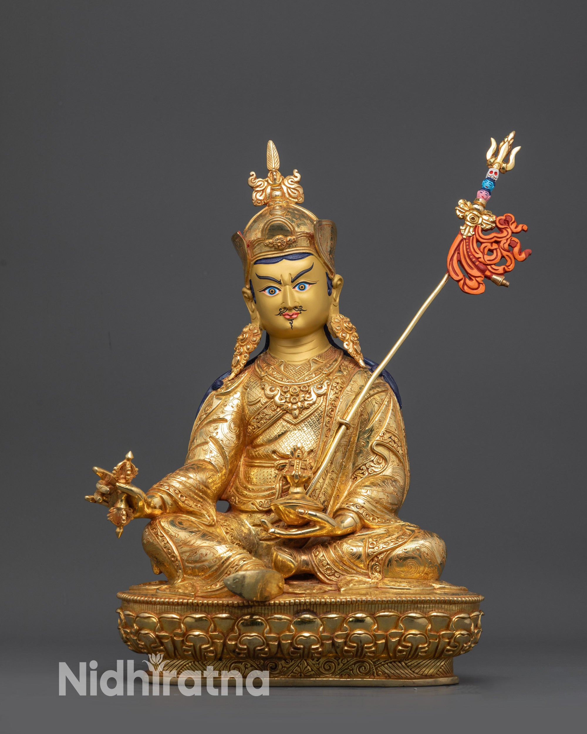 Front view of 24K Gold-Gilded Padmasambhava Statue handmade by Newari artisans Nepal