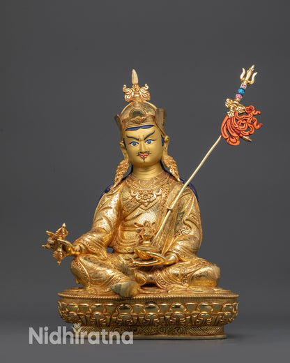 Front view of 24K Gold-Gilded Padmasambhava Statue handmade by Newari artisans Nepal