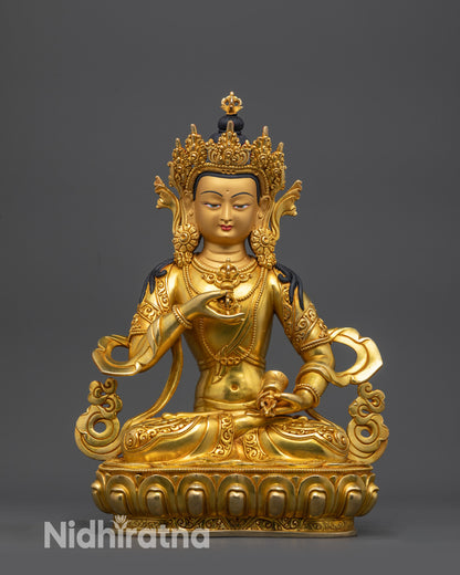 Front view of 24K gold-gilded Vajrasattva Statue handmade by Newari artisans Nepal