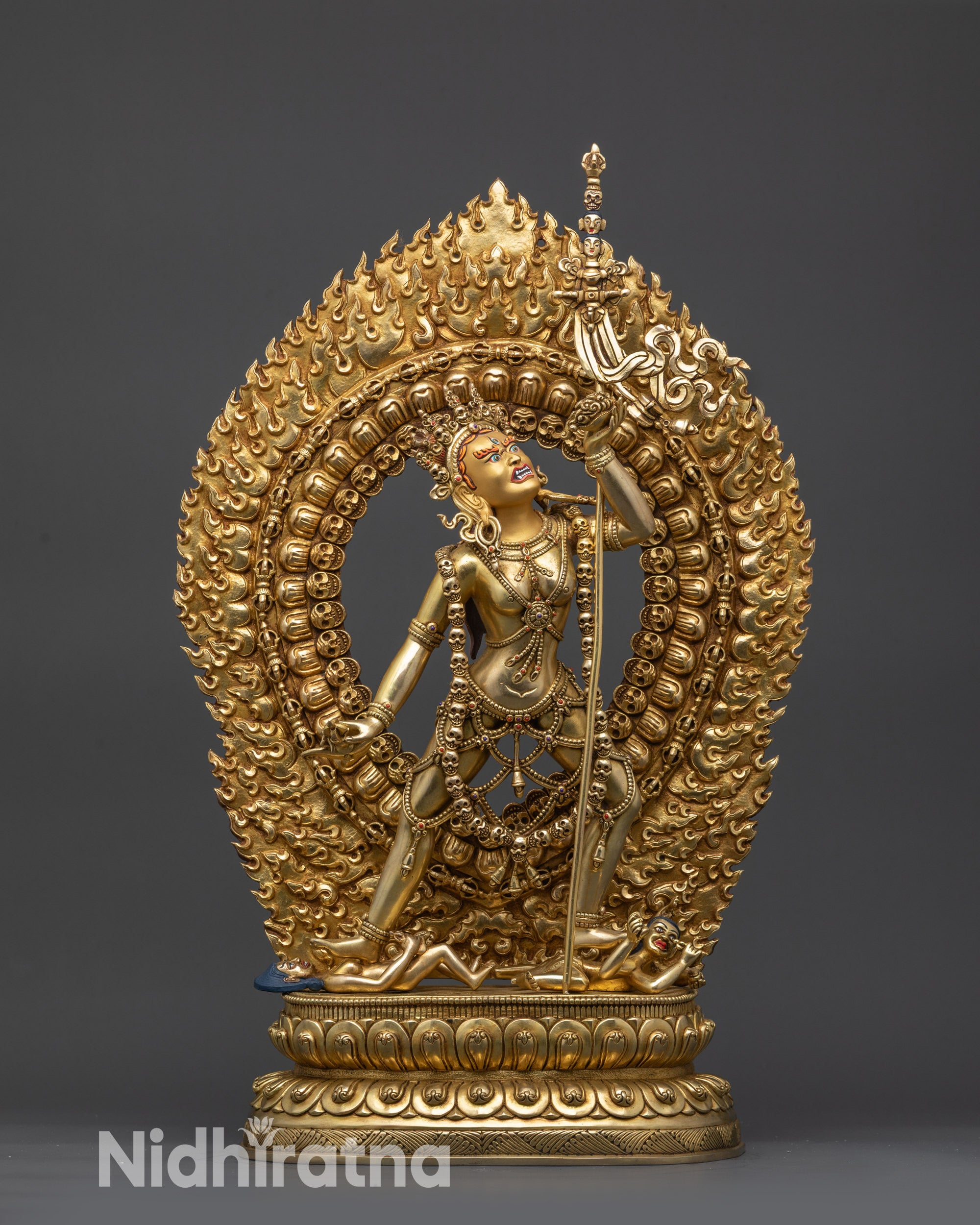 Front view of 24K gold-gilded Vajrayogini statue with wrathful expression Nepal