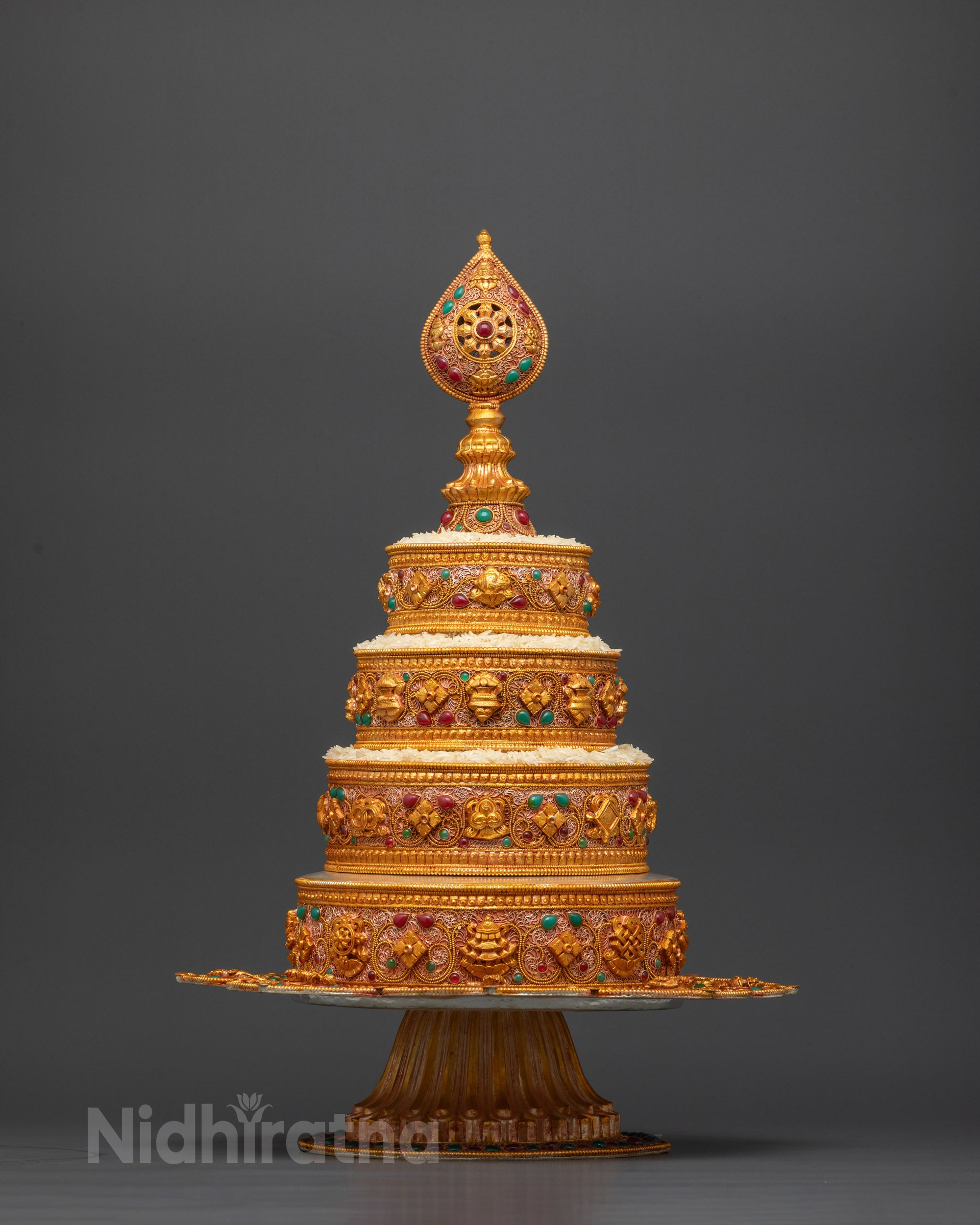 Front view of 8" Tibetan Austa Ratna Mandala with gold-plated copper and stones