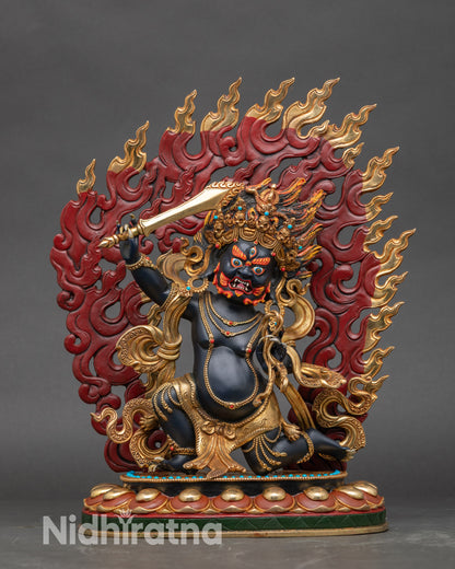 Front view of Achala Statue, handcrafted Nepalese Buddhist protector sculpture on lotus seat