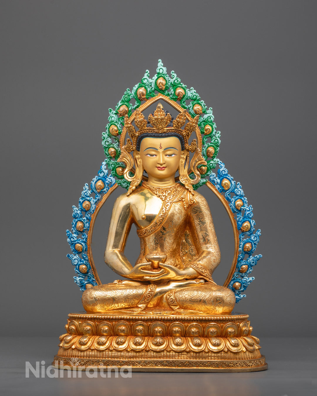 Front view of Amida Buddha statue with gold-gilded face and Dhyana Mudra pose