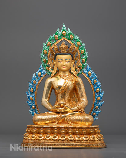Front view of Amida Buddha statue with gold-gilded face and Dhyana Mudra pose