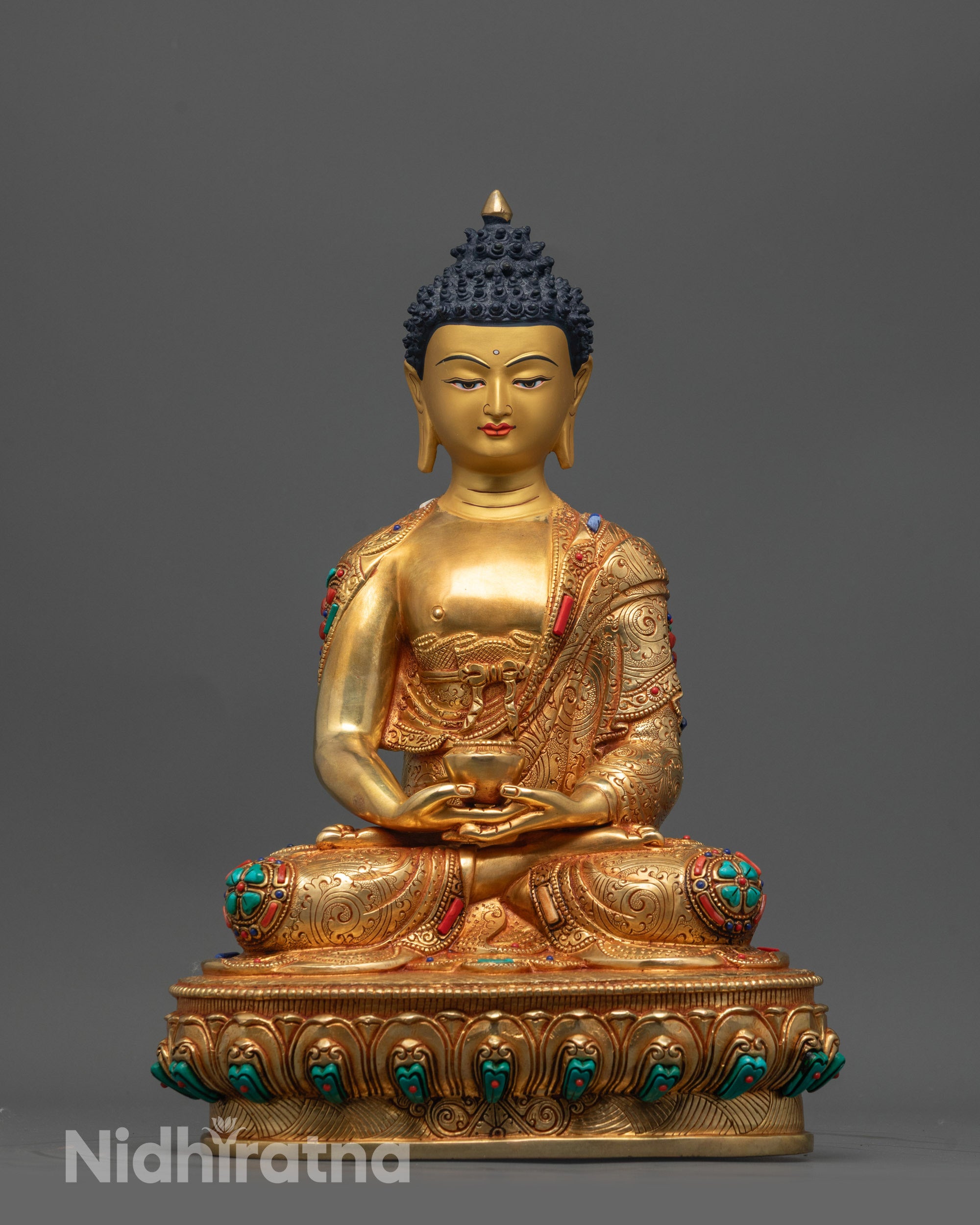 Front view of Amida Nyorai Statue with gold-gilded face and lotus seat on copper base