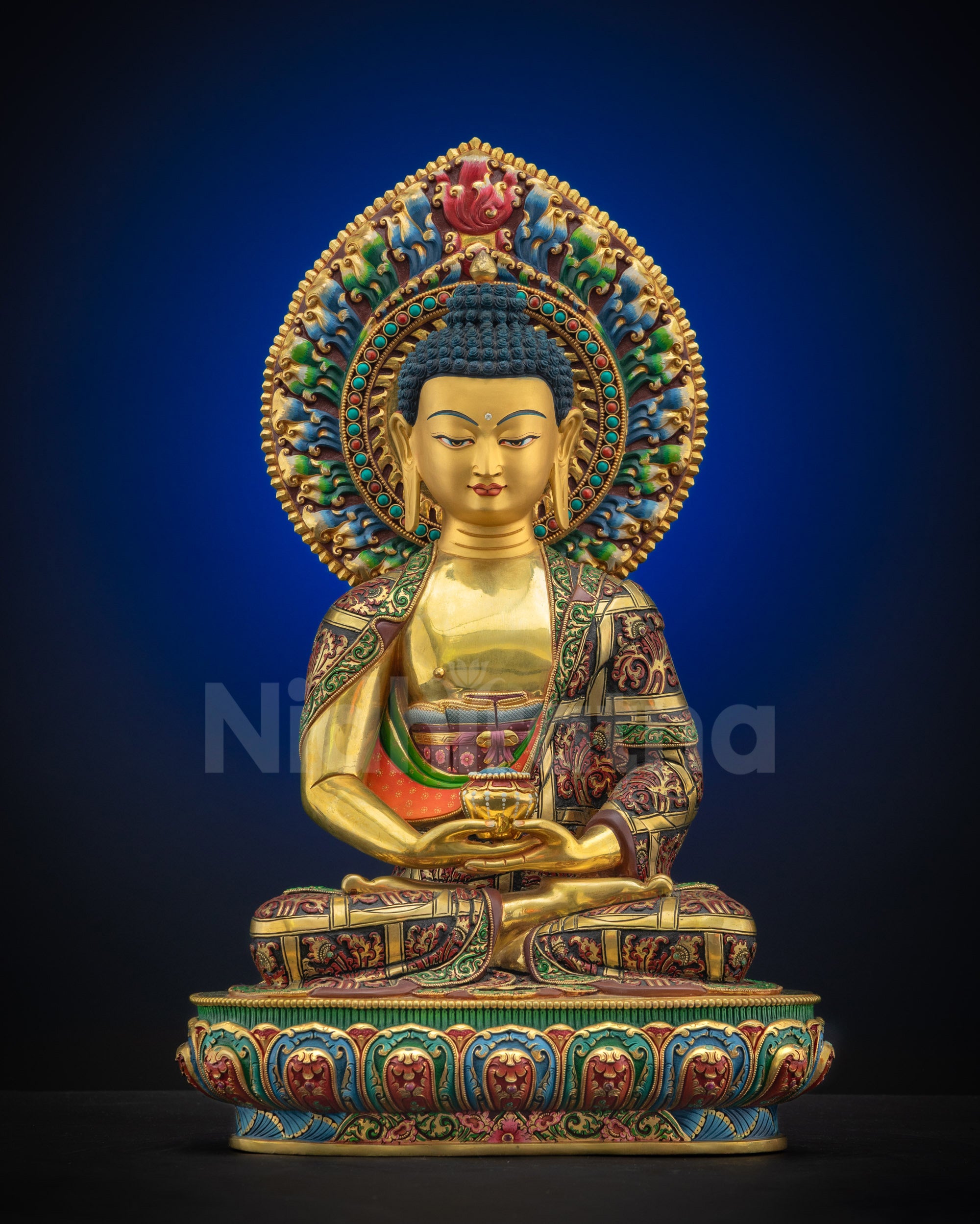 Front view of Amitabha Buddha Masterpiece Sculpture showing gold-gilded copper craftsmanship and lotus throne