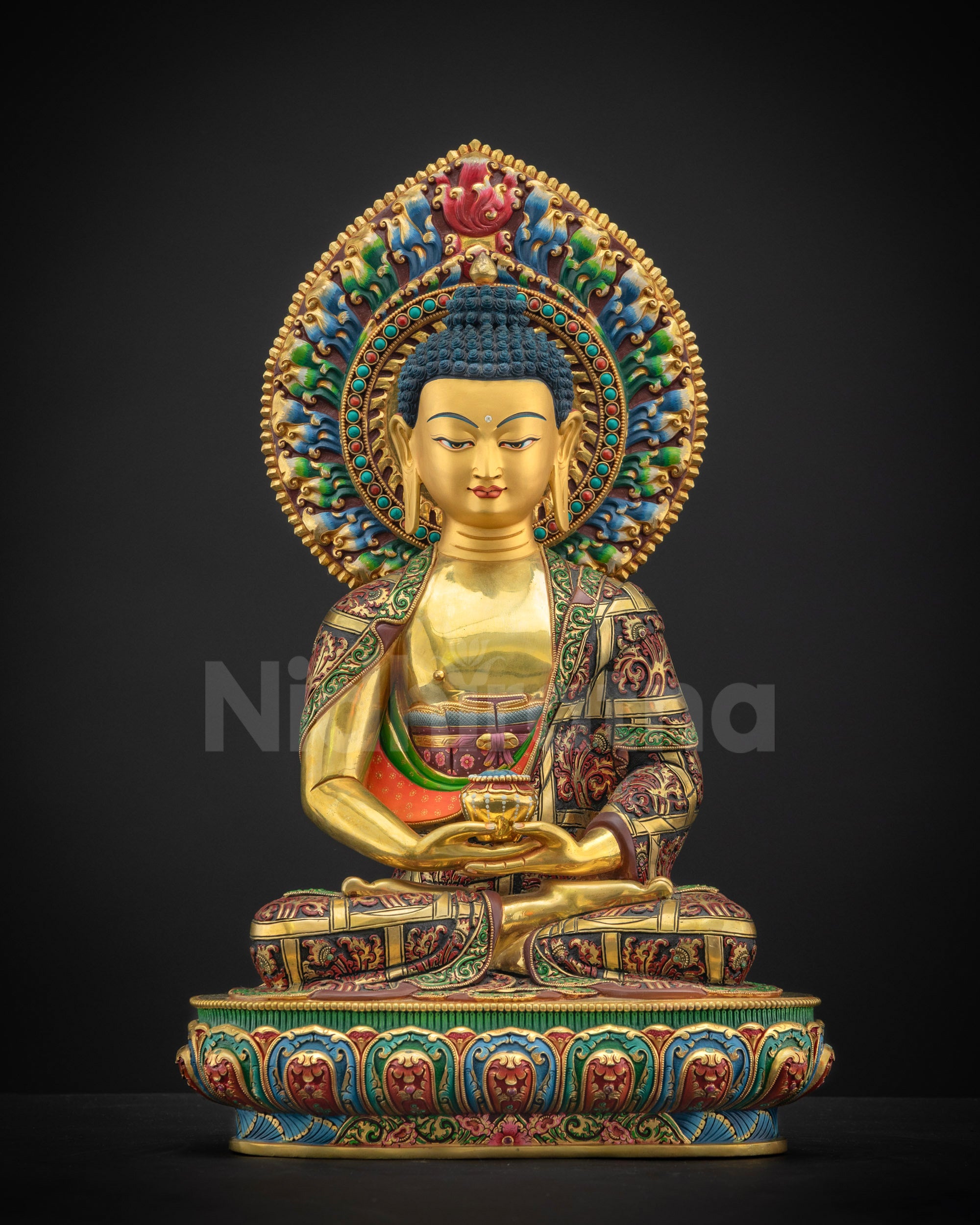 Front view of Amitabha Buddha Masterpiece Sculpture showing gold-painted copper craftsmanship and lotus throne