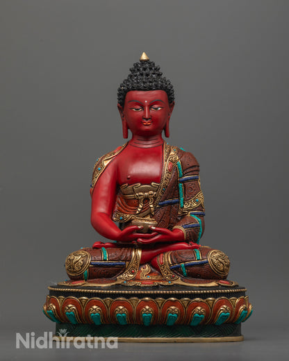 Front view of Amitabha Buddha Sculpture with red body and gold-plated details