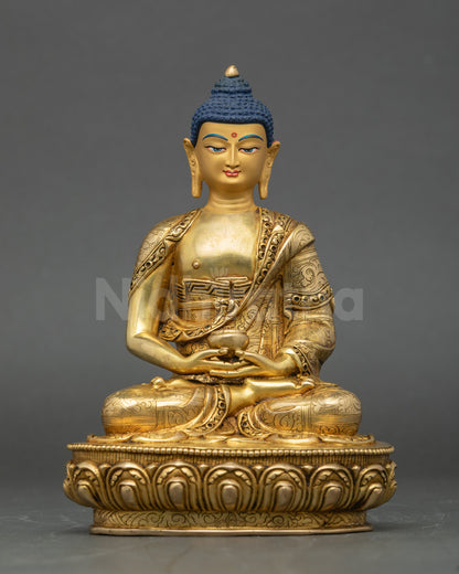 Front view of Amitabha Buddha Statue in meditation pose with gold fire-gilded face