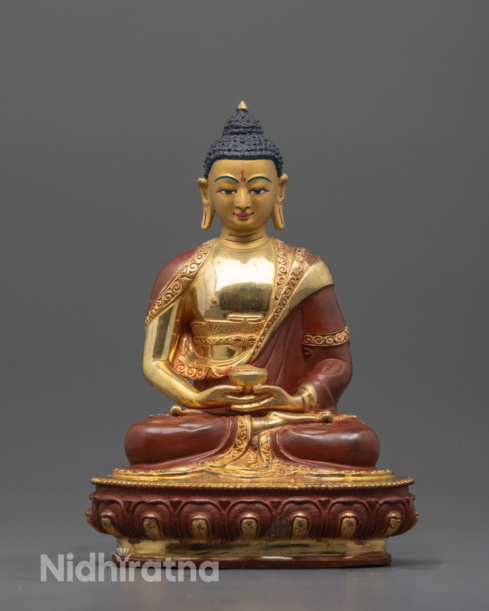 Front view of Amitabha Buddha Statue with 24K gold-gilded face and detailed carvings
