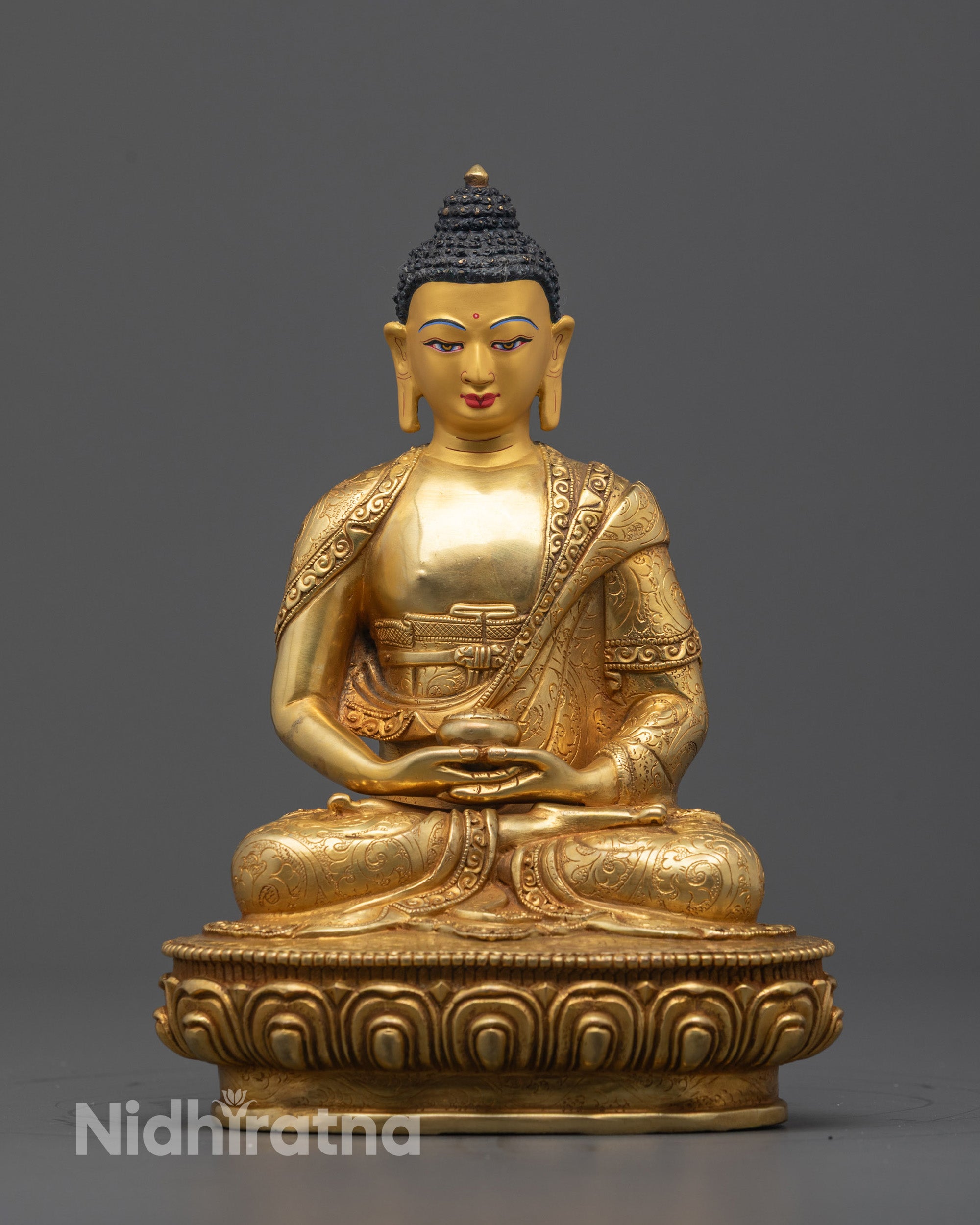 Front view of Amitabha Buddha Statue with gold-gilded face and fire-gilded body
