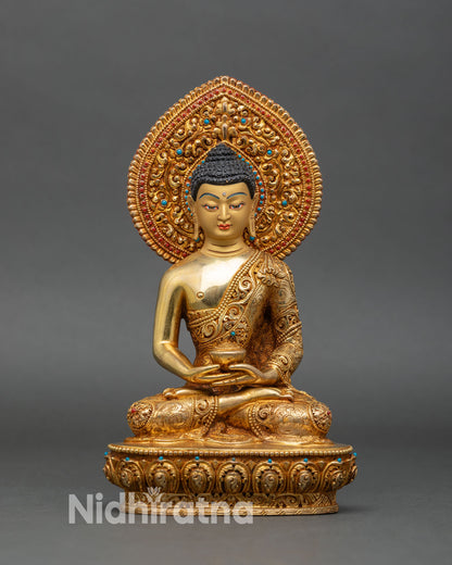 Front view of Amitabha Buddha statue, copper and 24K gold fire-gilded artwork