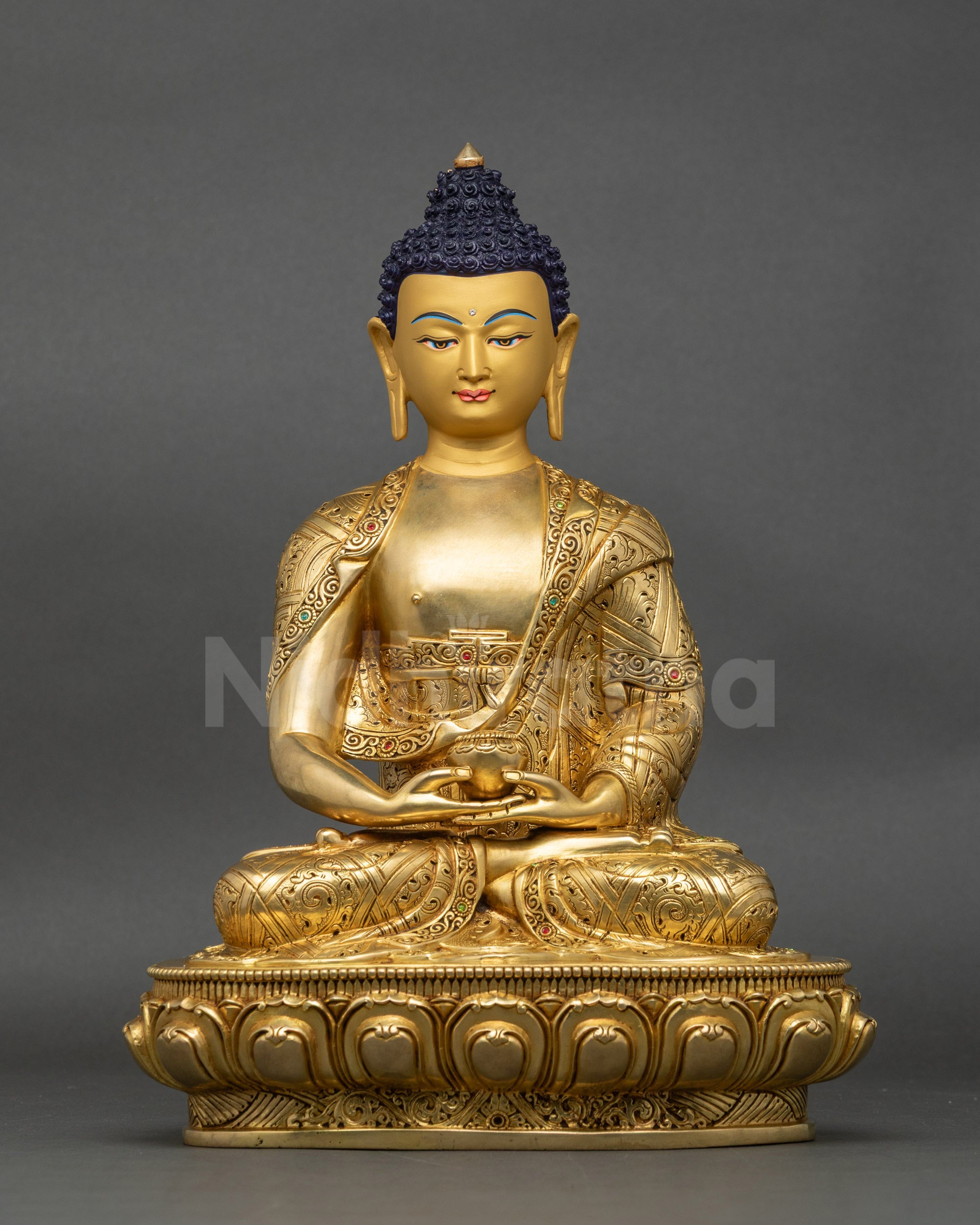 Front view of Amitabha Buddha statue, copper with gold fire gilding on lotus seat