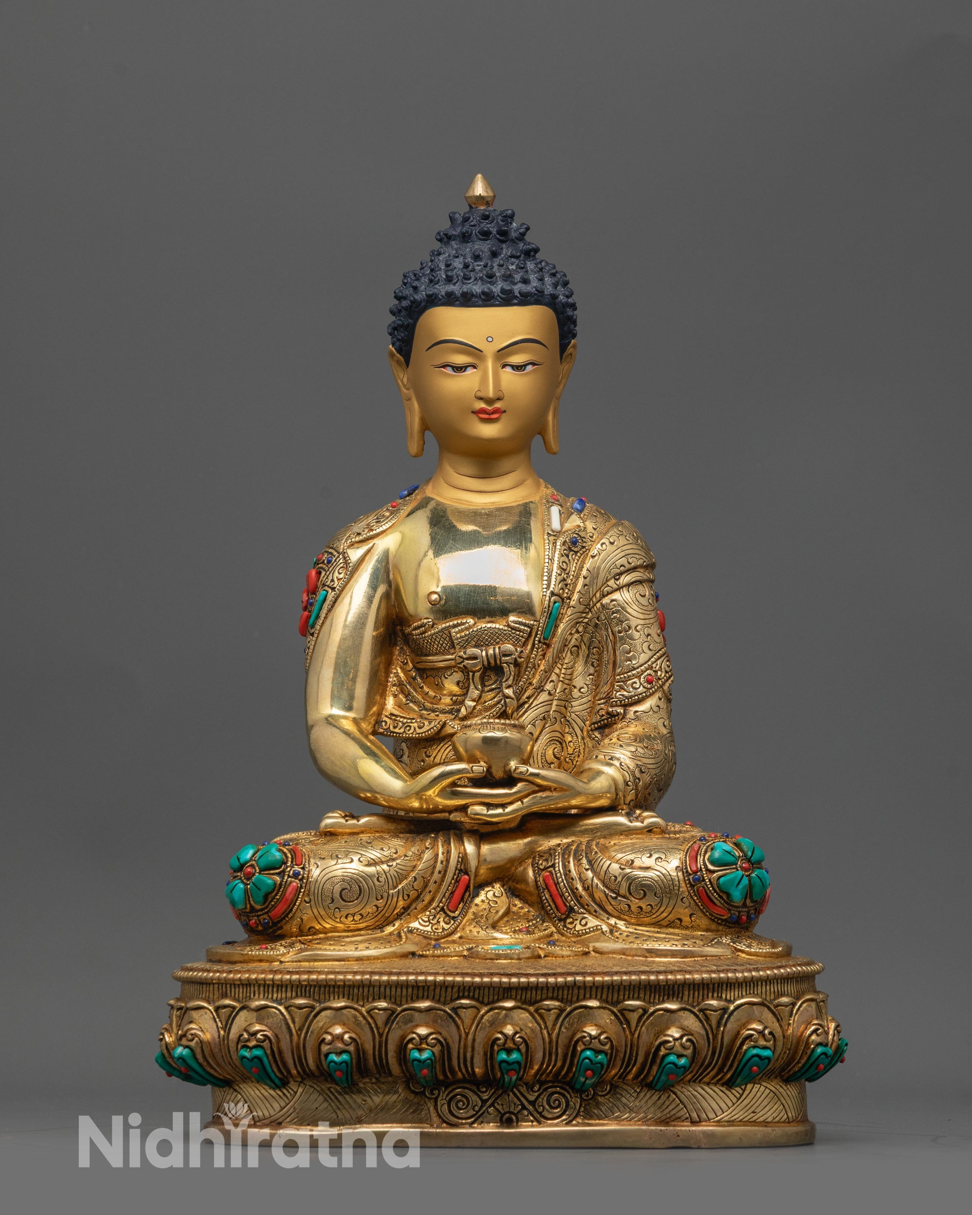 Front view of Amitabha Buddha statue with 24K gold face and fire-gilded copper body