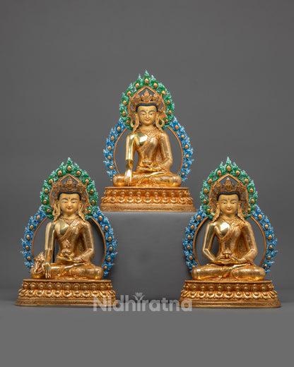 Front view of Amitabha Buddha statue with gold fire-gilding and lotus throne details
