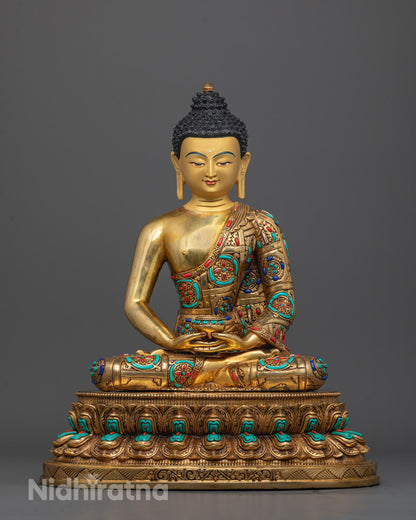 Front view of Amitabha Tathagata Sculpture with gold-gilded face and turquoise stones