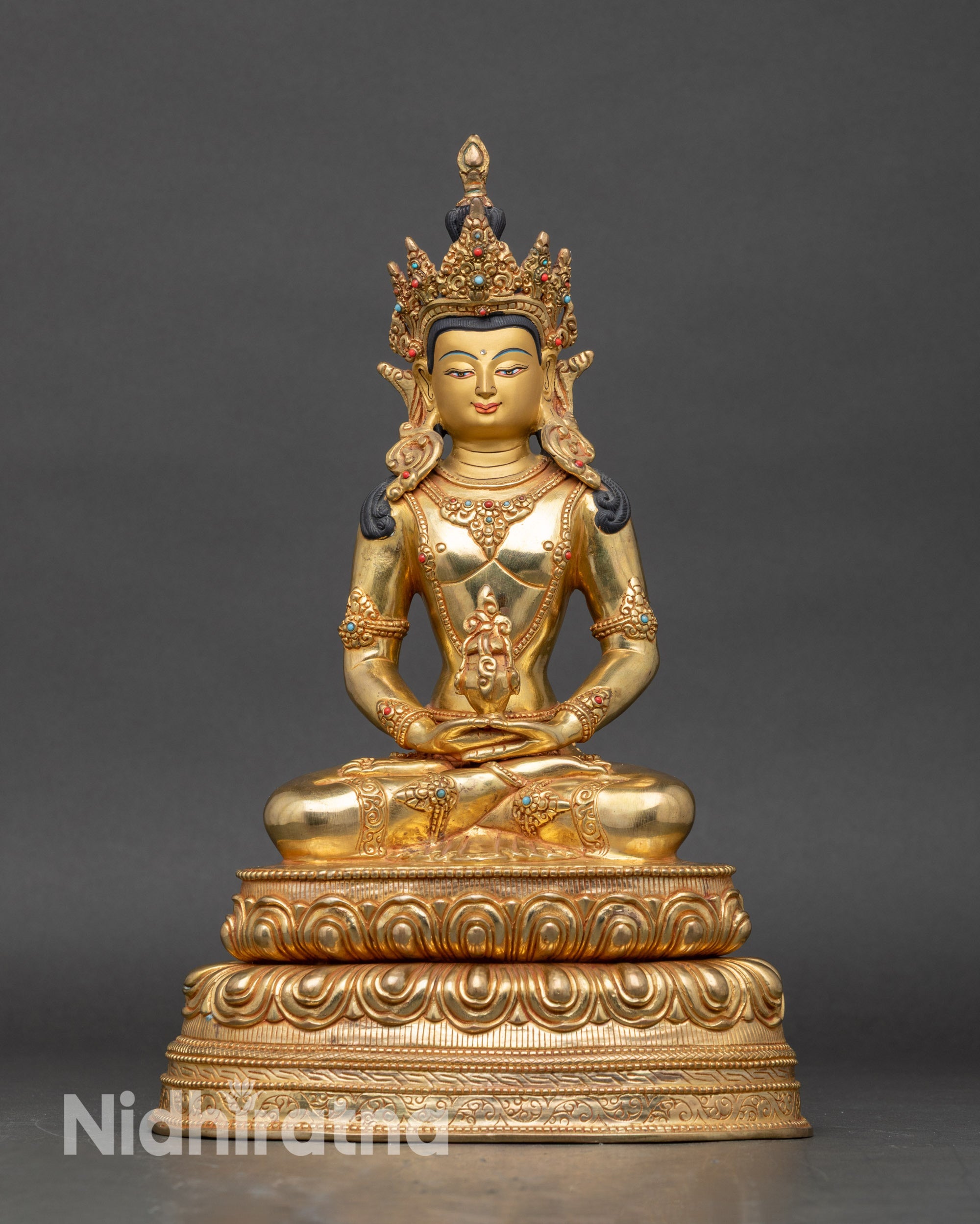 Front view of Amitayus Buddha statue, 24K gold-gilded copper, handmade in Patan, Nepal, with a crown