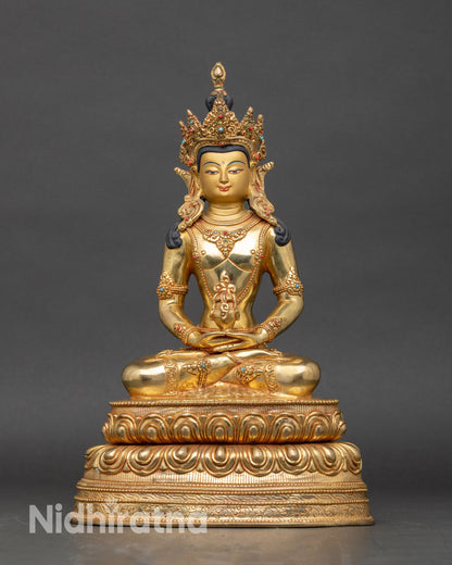 Front view of Amitayus Buddha statue, 24K gold-gilded copper, handmade in Patan, Nepal, with a crown