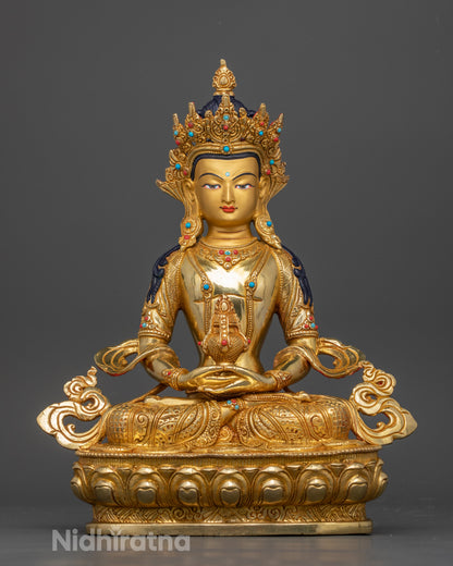 Front view of Amitayus Buddha statue, gold-painted face, a lotus base, long-life vase
