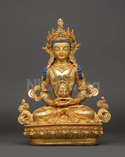 Front view of Amitayus Buddha statue with lotus seat and gold fire gilding