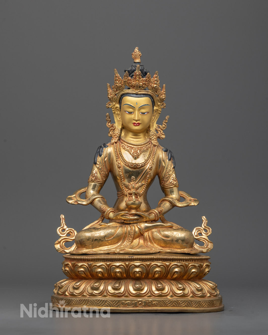 Front view of Amitayus Tsepame Statue with 24K gold face and intricate carvings