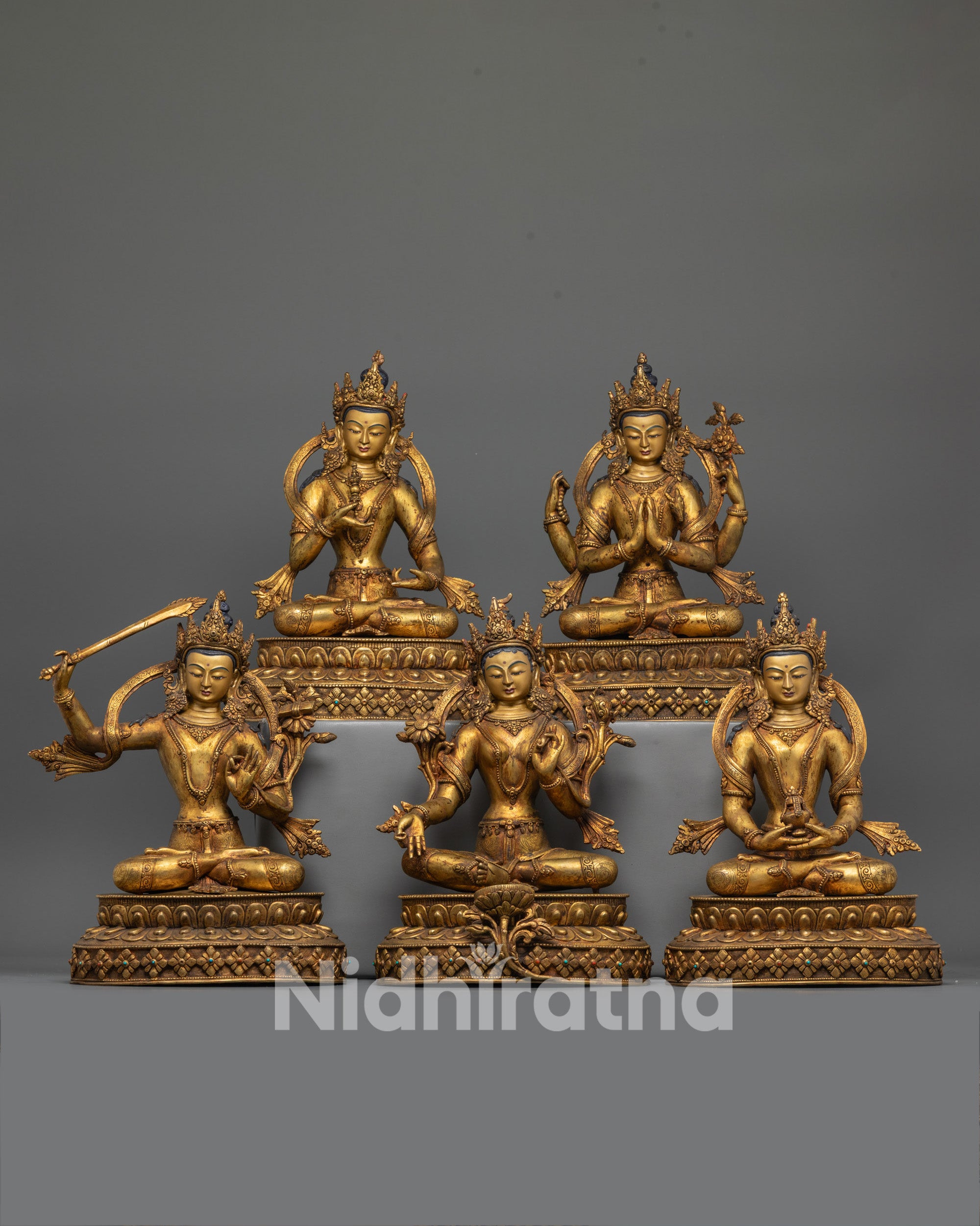 Front view of Antique Finish Five Bodhisattva Statue Set with gold-gilded faces and robes
