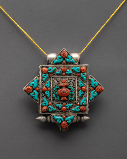 Front view of Artisan-Crafted Treasure Vase Locket with silver body and coral turquoise stones