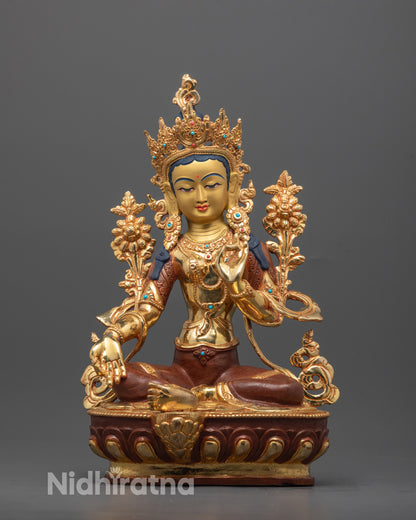 Front view of Authentic Green Tara Sculpture with gold accents and intricate copper carvings