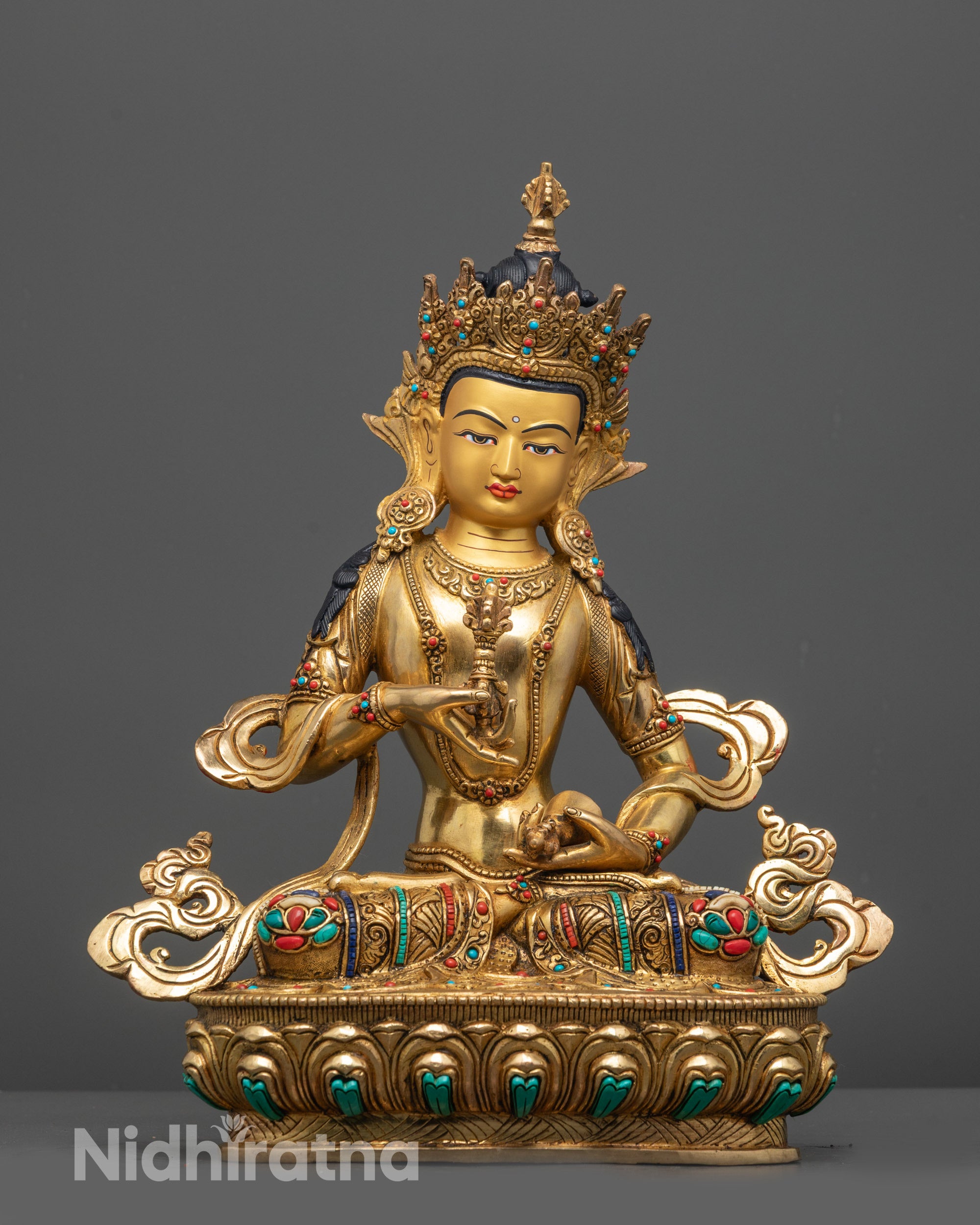 Front view of Authentic Vajrasattva Statue with 24K gold-gilded face and lotus seat