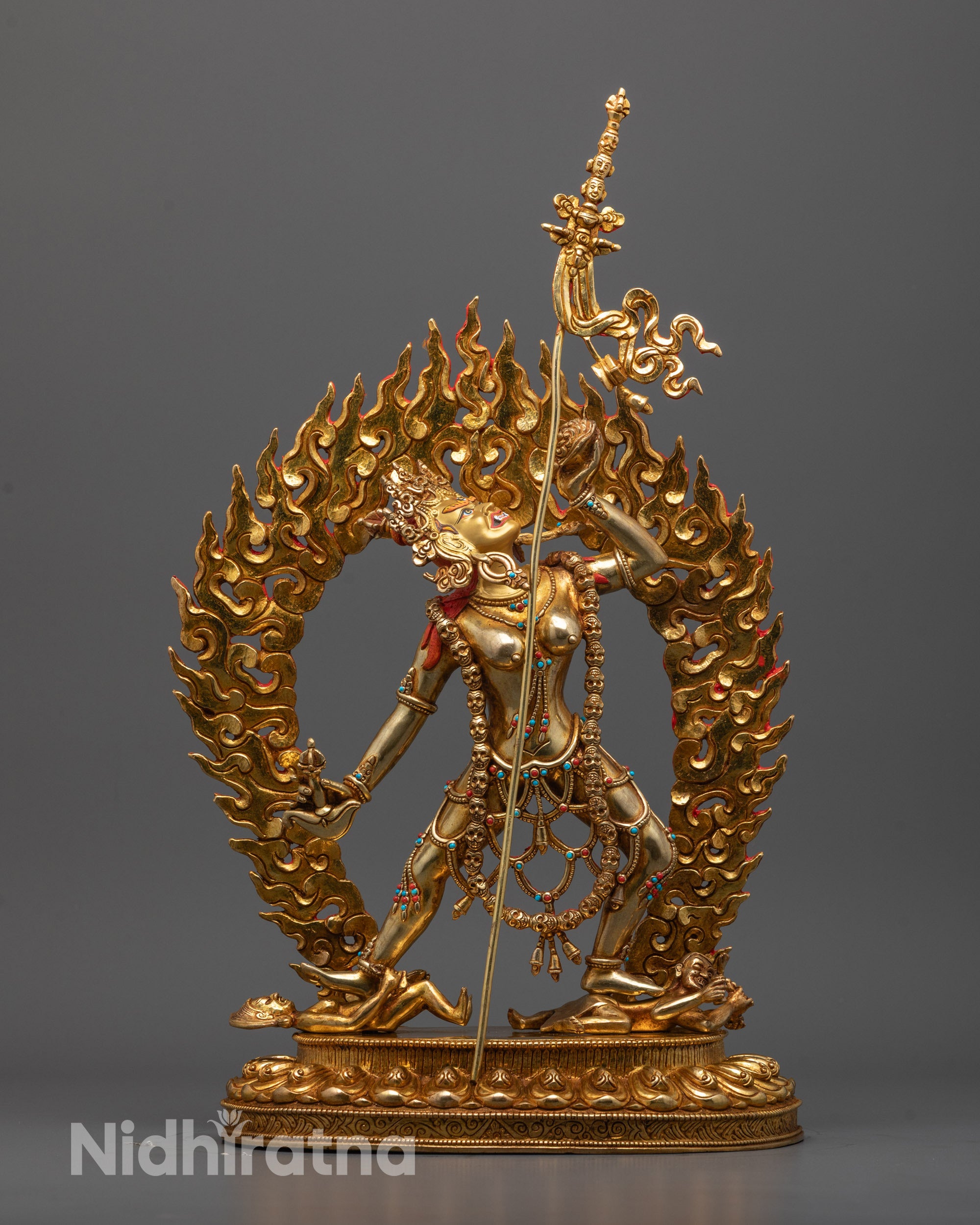Front view of Authentic Vajrayogini Sculpture with gold-gilded face and fierce stance