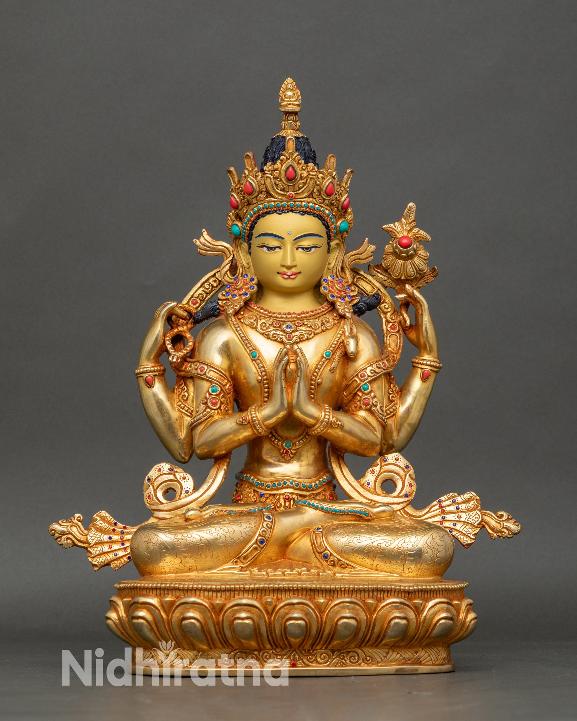 Front view of Avalokiteshvara Bodhisattva statue for home altar, gold fire-gilded copper