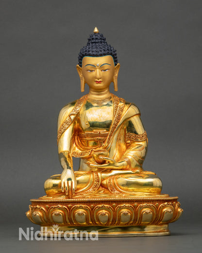 Front view of Buddha Shakyamuni Statue, copper sculpture with 24K gold fire-gilding
