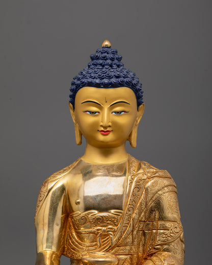 Front view of Buddha statue in meditation posture with peaceful and serene expression