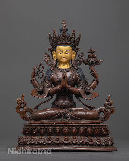 Front view of Chenrezig Bodhisattva statue hand-carved from oxidized copper