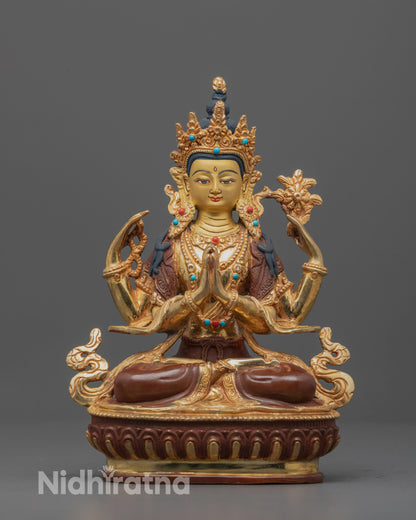 Front view of Chenrezig Bodhisattva statue with gold-gilded face and intricate carvings, handcrafted by Patan master artisan.