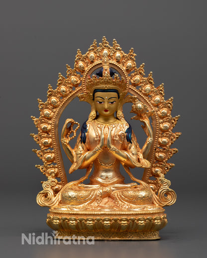 Front view of Chenrezig Statue seated on a lotus base with a peaceful expression