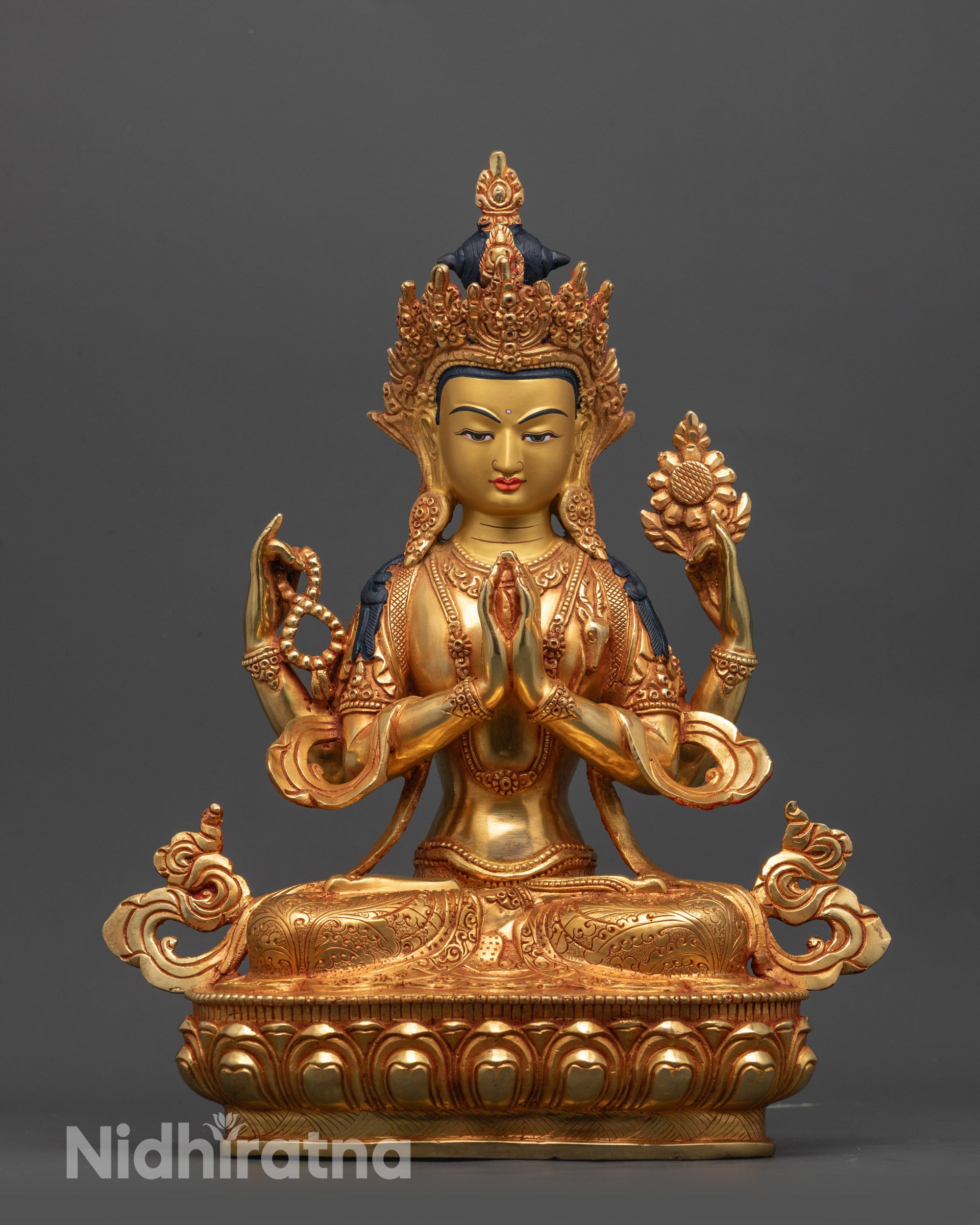 Front view of Chenrezig Statue with 24k gold-gilded face and lotus base for meditation
