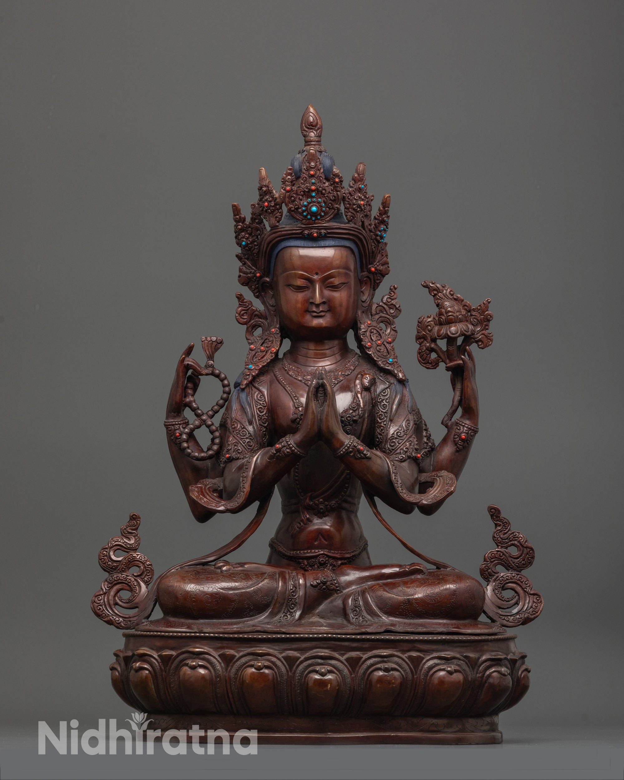 Front view of Chenrezig Statue with five-jeweled crown and four sacred arms