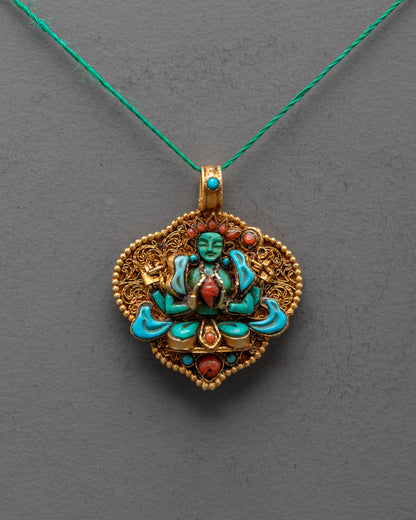 Front view of Chenrezig locket with crystal figure, turquoise robe, and gold-gilded filigree – handcrafted Tibetan Avalokiteshvara amulet.