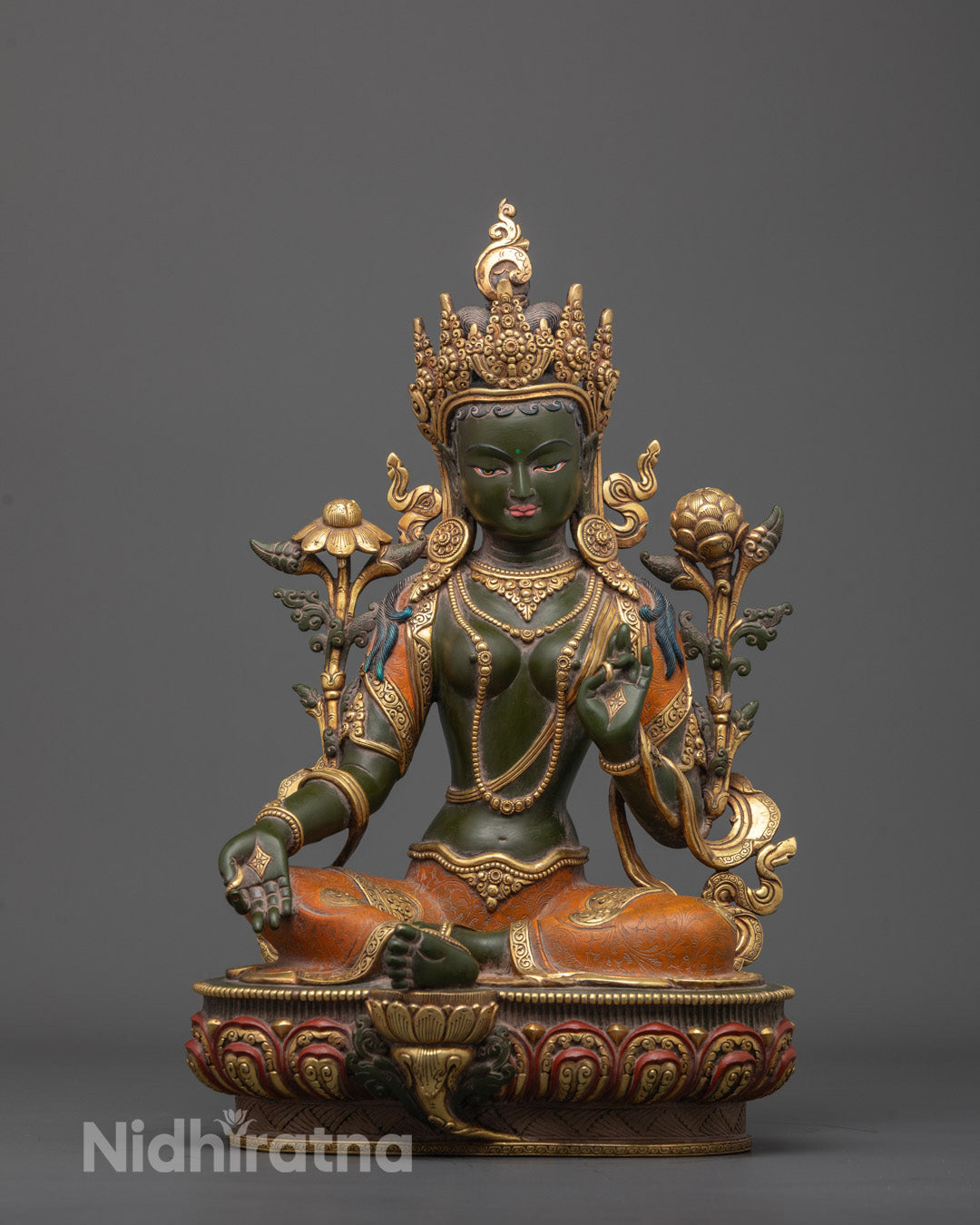 Front view of Colored Green Tara Statue seated on a lotus base, adorned with a five-jeweled crown
