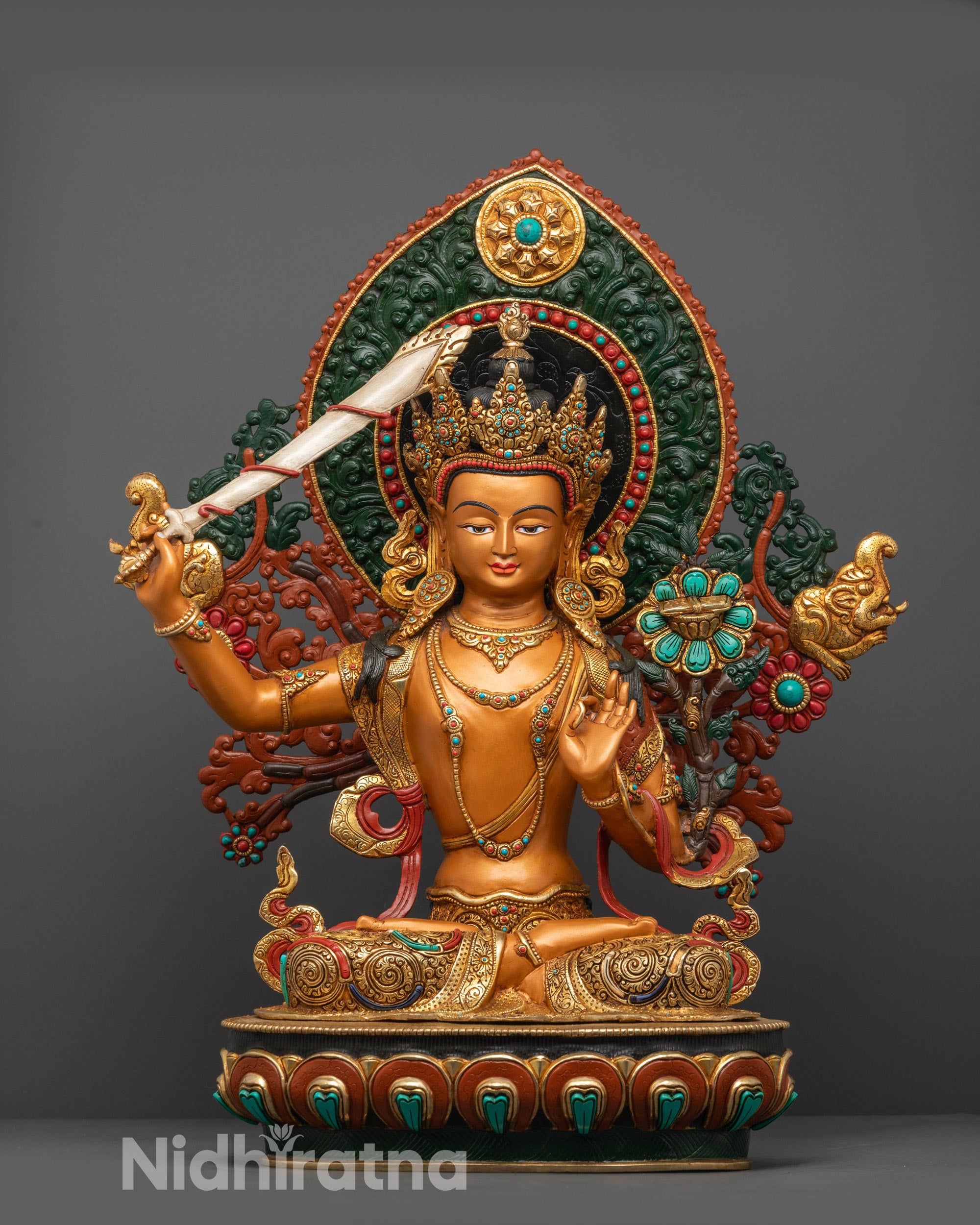 Front view of Coloured Manjushri Statue with gold plating and semi-precious stones