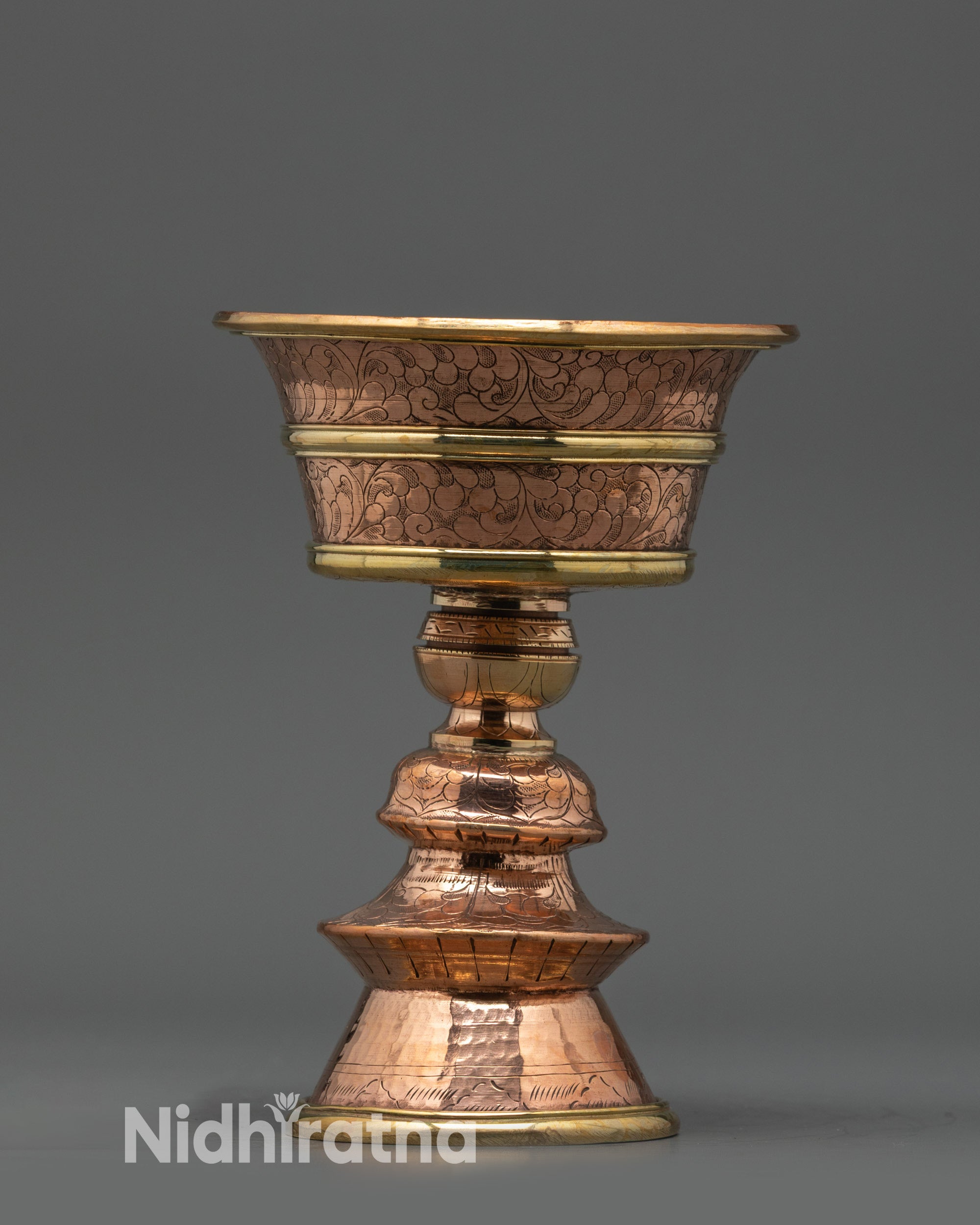 Front view of Copper Brass Gilded Buddhist Butter Lamp handmade in Nepal