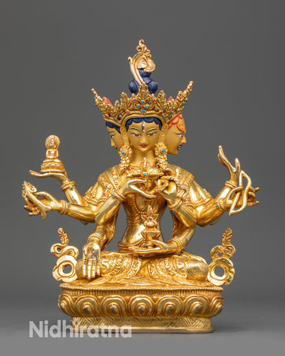 Front view of Dakini Usnisavijaya Namgyalma Statue with gold-gilded body and lotus base
