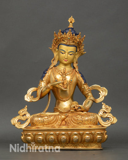 Front view of Diamond Being Vajrasattva Statue, gold fire-gilded copper Buddhist art
